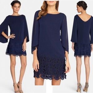 TAHARI ASL WOMEN'S NAVY BLUE EMBROIDERED LACE TRIM TULIP BELL SLEEVE SHIFT DRESS